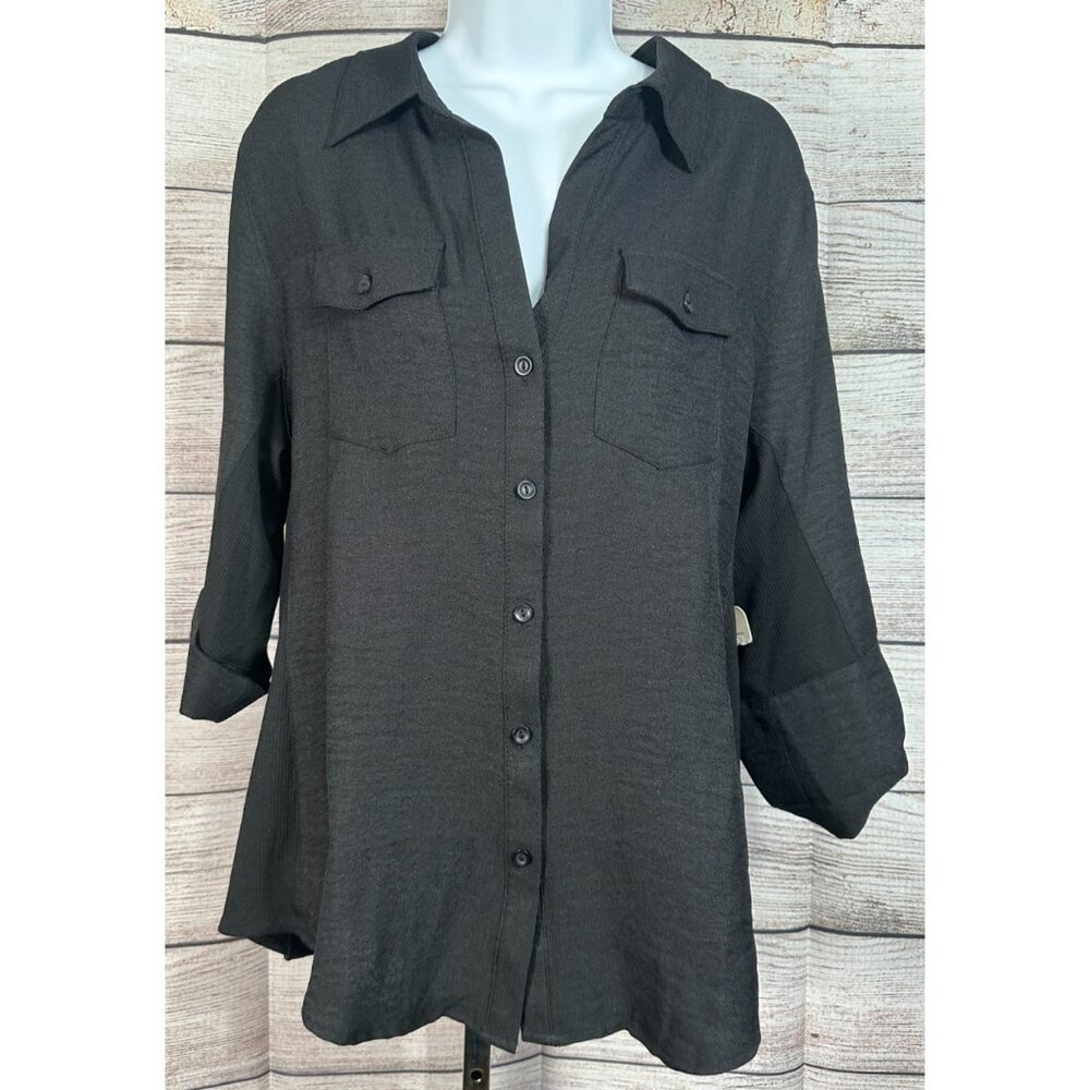 Ci Sono by Cavalini XL Black Button Down Shirt Stretch Hi-Low NWT